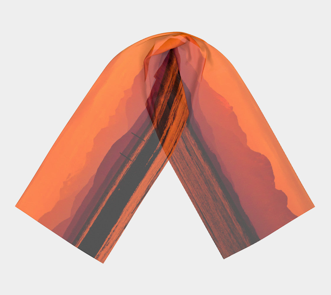 Saratoga Sunset Long Scarf Wear as a scarf, shawl or as a head wrap. Use for home decor as a wall hanging, also makes fabulous Wedding Party Gifts! Artwork printed on 100% polyester lightweight fabric. Choose from three different fabrics polychiffon, satin charmeuse and matte crepe. Machined baby rolled edge hem finish. Choose from 2 sizes: 10" x 45" 16" x 72" by Roxy Hurtubise vanislegoddess.com