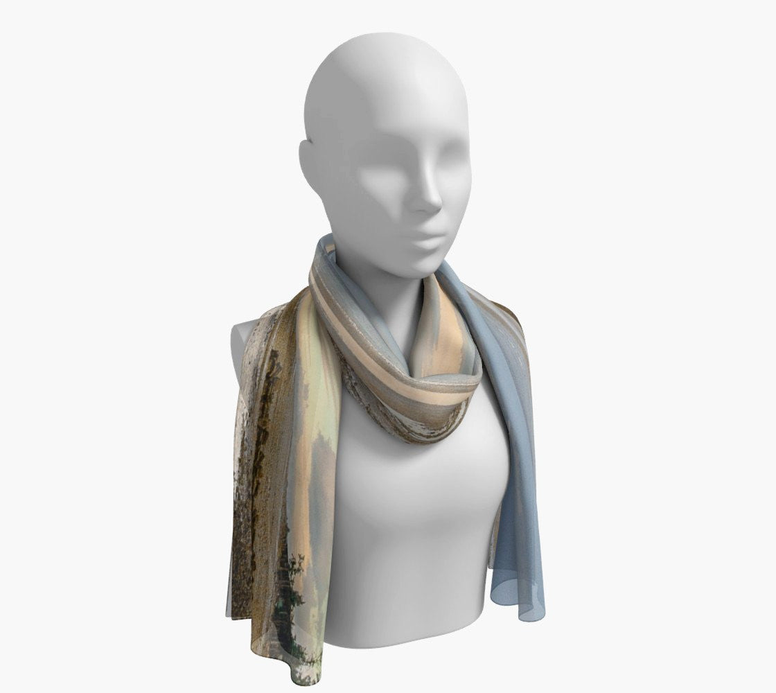 Miracle Beach Long Scarf Wear as a scarf, shawl or as a head wrap. Use for home decor as a wall hanging, also makes fabulous Wedding Party Gifts! Artwork printed on 100% polyester lightweight fabric. Choose from three different fabrics polychiffon, satin charmeuse and matte crepe. Machined baby rolled edge hem finish. Choose from 2 sizes: 10" x 45" 16" x 72" by Roxy Hurtubise vanislegoddess.com