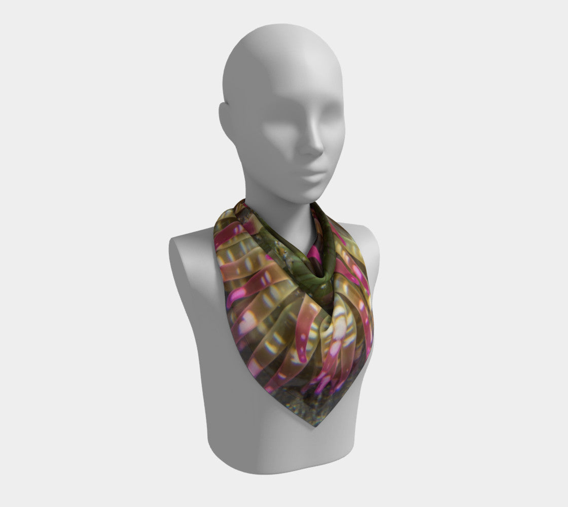 26" Enchanted Sea Anemone Square Scarf  shown worn around the neck.