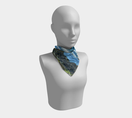 16" Fly Like An Eagle Square Scarf worn around the neck.