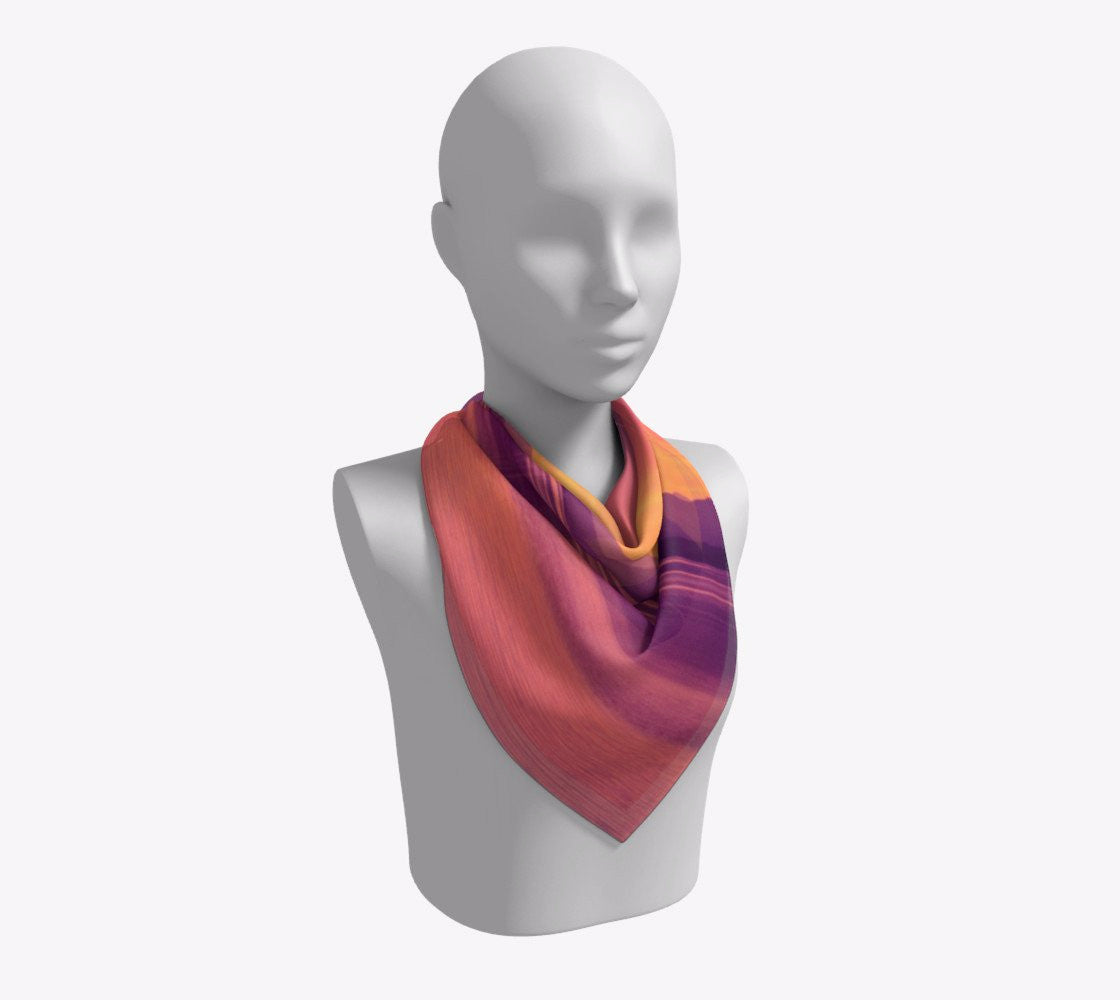 Vancouver Island Sunset 26 inch Square Scarf Worn around the neck by vanislegoddess.com