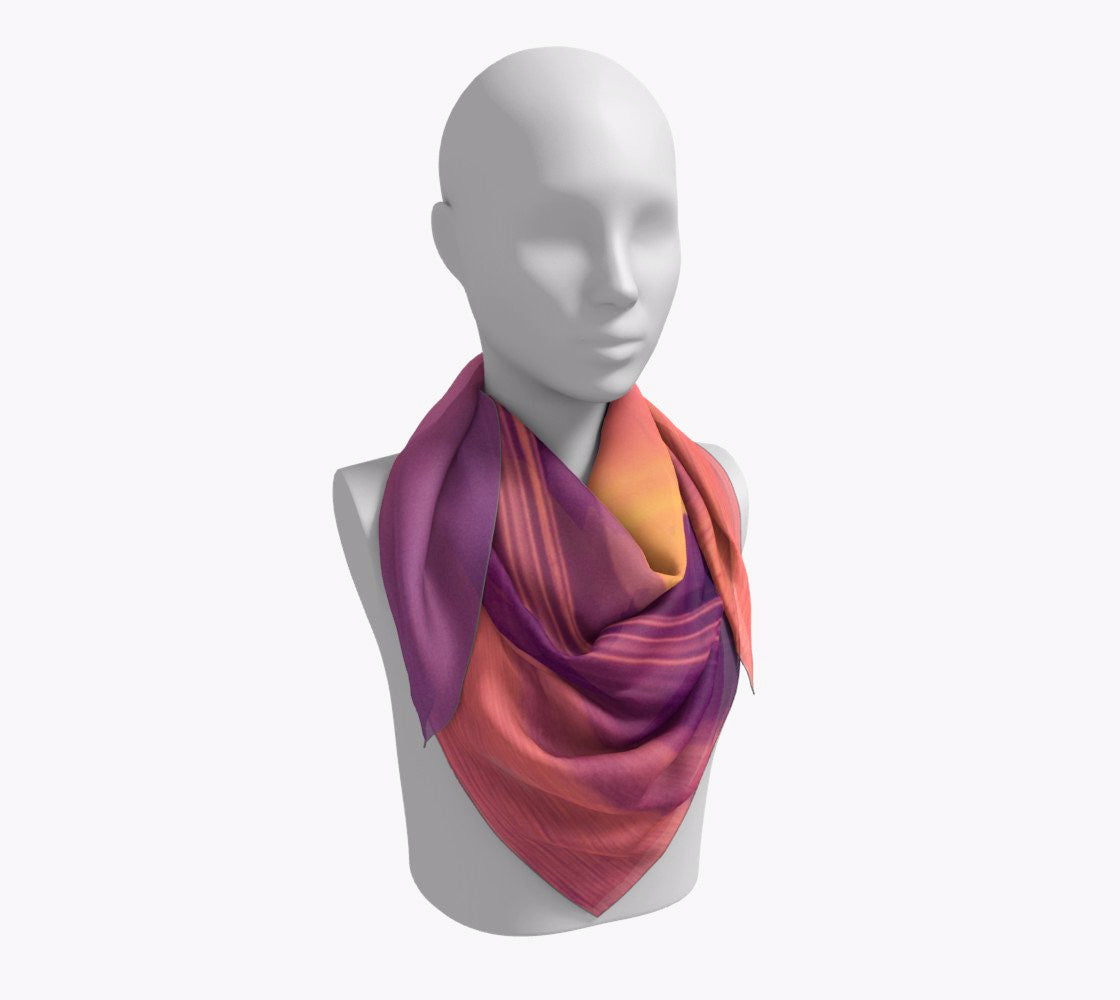 Vancouver Island Sunset 36 inch Square Scarf Worn around the neck by vanislegoddess.com