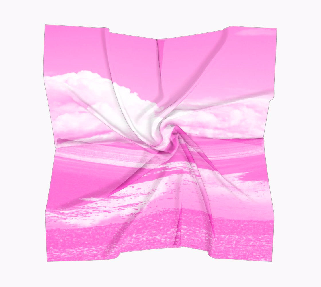 Parksville Beach in Pink Square Scarf Wear as a scarf or a shawl, use for home decor as a wall hanging, also makes a fabulous Wedding Party Gifts! Artwork printed on 100% polyester lightweight fabric. Choose from three different fabrics polychiffon, satin charmeuse and matte crepe. Machined baby rolled edge hem finish. Choose from 3 sizes: 16" x 16" Perfect size for Men's Pocket Square 26" x 26" 36" x 36" by vanislegoddess.com