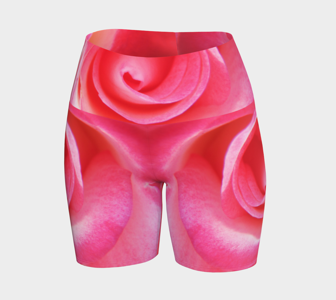 All over print Sparkle Rose Yoga Shorts features a pink rose as the image on the shorts