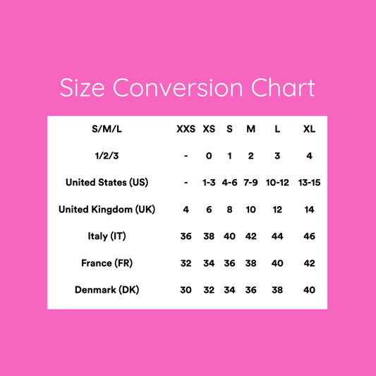 Size conversion chart on a pink background