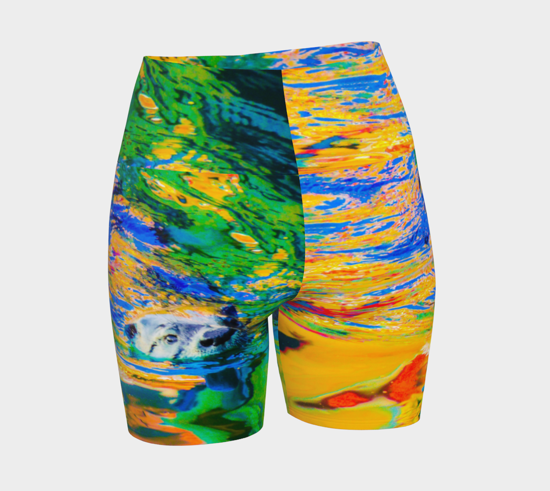 All over print Otter Art yoga shorts. Image is that of a sea otter.