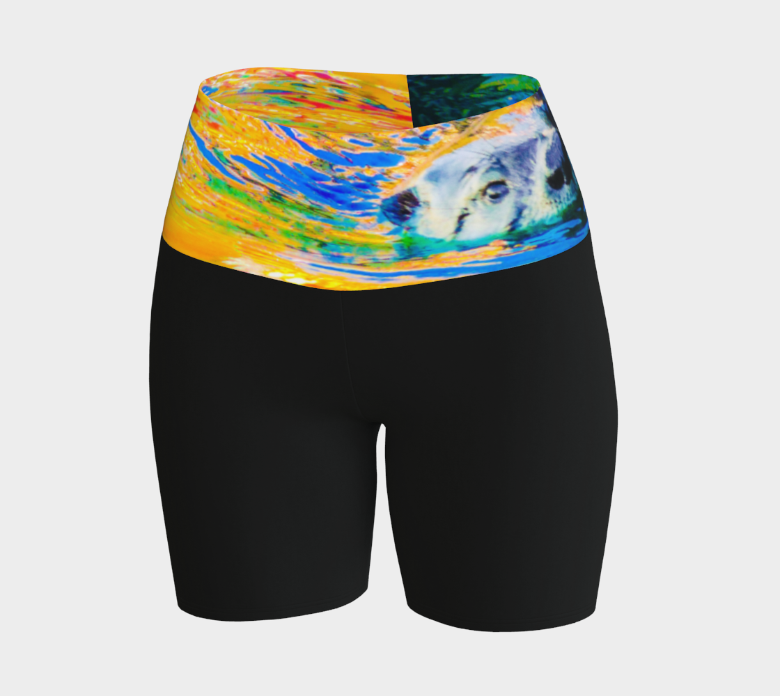 Otter Art Yoga Shorts feature a image of a sea otter printed on the waistband. The rest of the shorts are black.