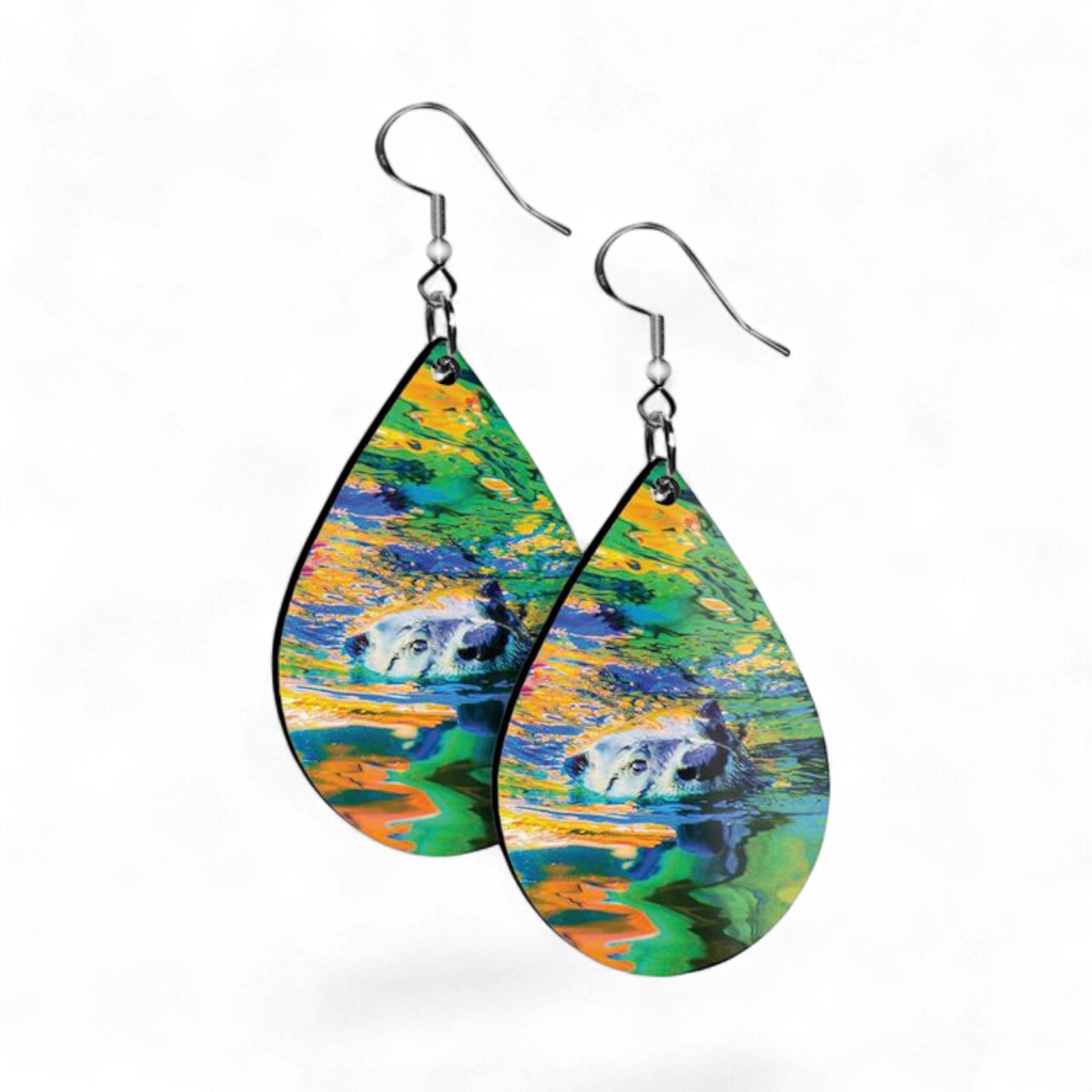 Teardrop-shaped earrings with artistic design of animals in water on a white background