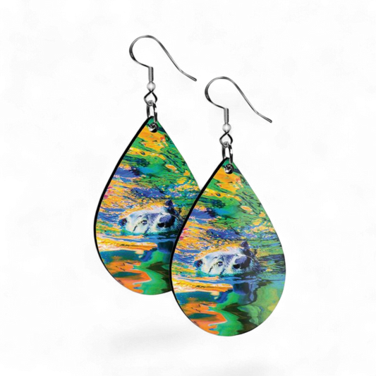 Teardrop-shaped earrings with artistic design of animals in water on a white background