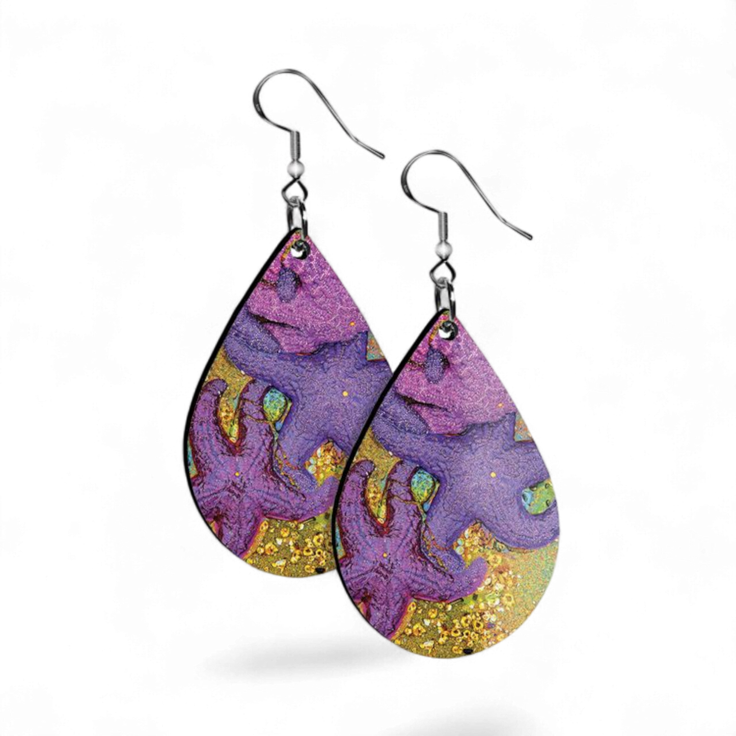 Teardrop-shaped earrings with colourful starfish design on a white background