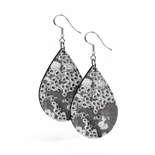 Teardrop-shaped earrings with black and white pattern on a white background
