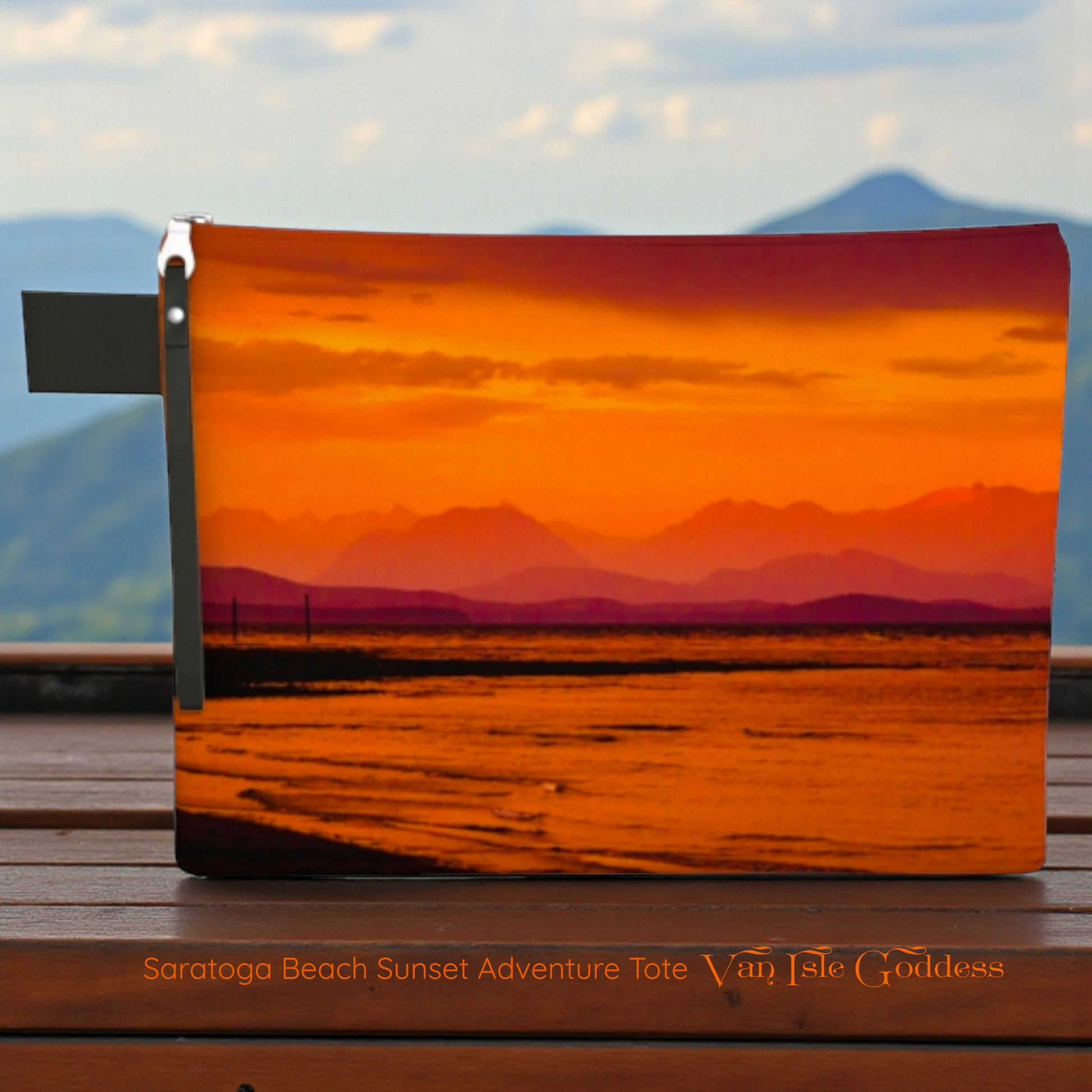 Saratoga Beach Sunset Adventure Tote with mountain and sunset design on a wooden surface.