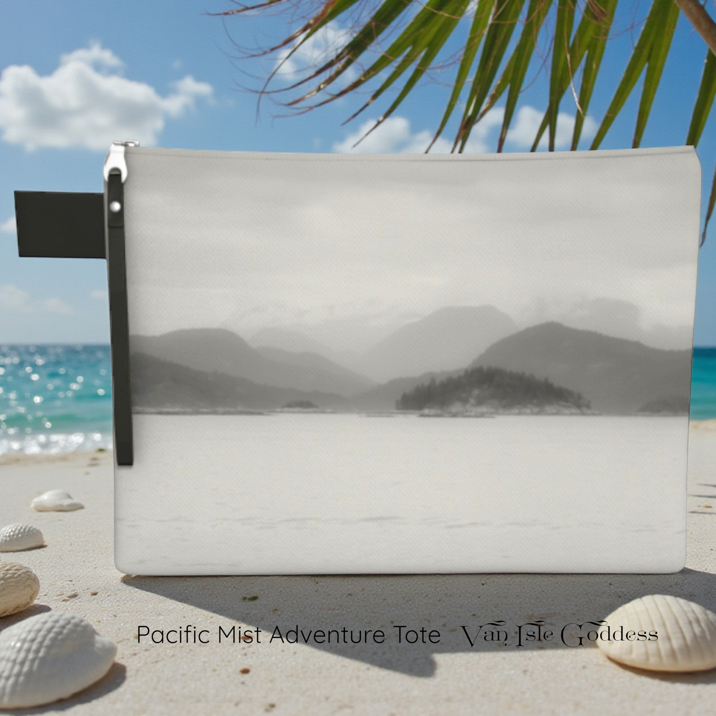 Pacifica Mist Adventure Tote with beach scene design on sand with shells and palm leaves.