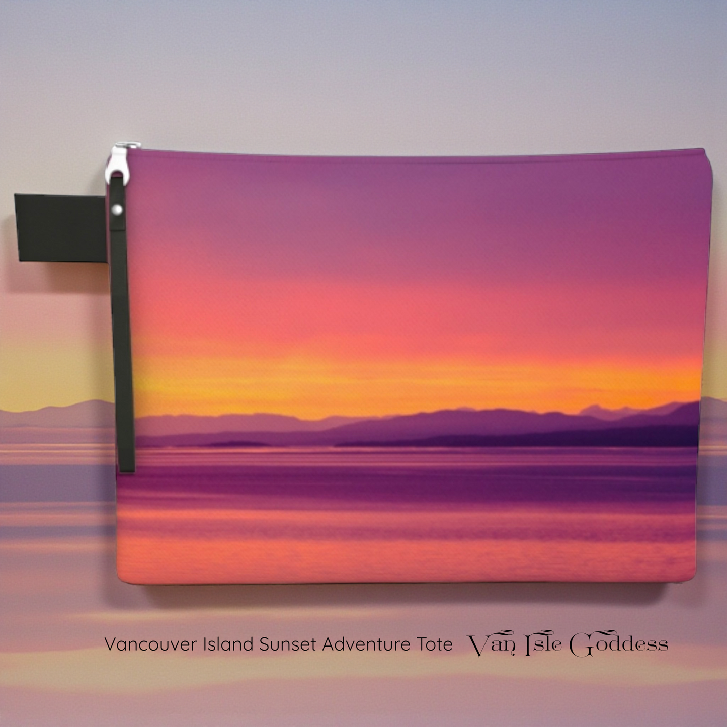 Pouch with a Vancouver Island sunset design and 'Van Isle Goddess' branding.
