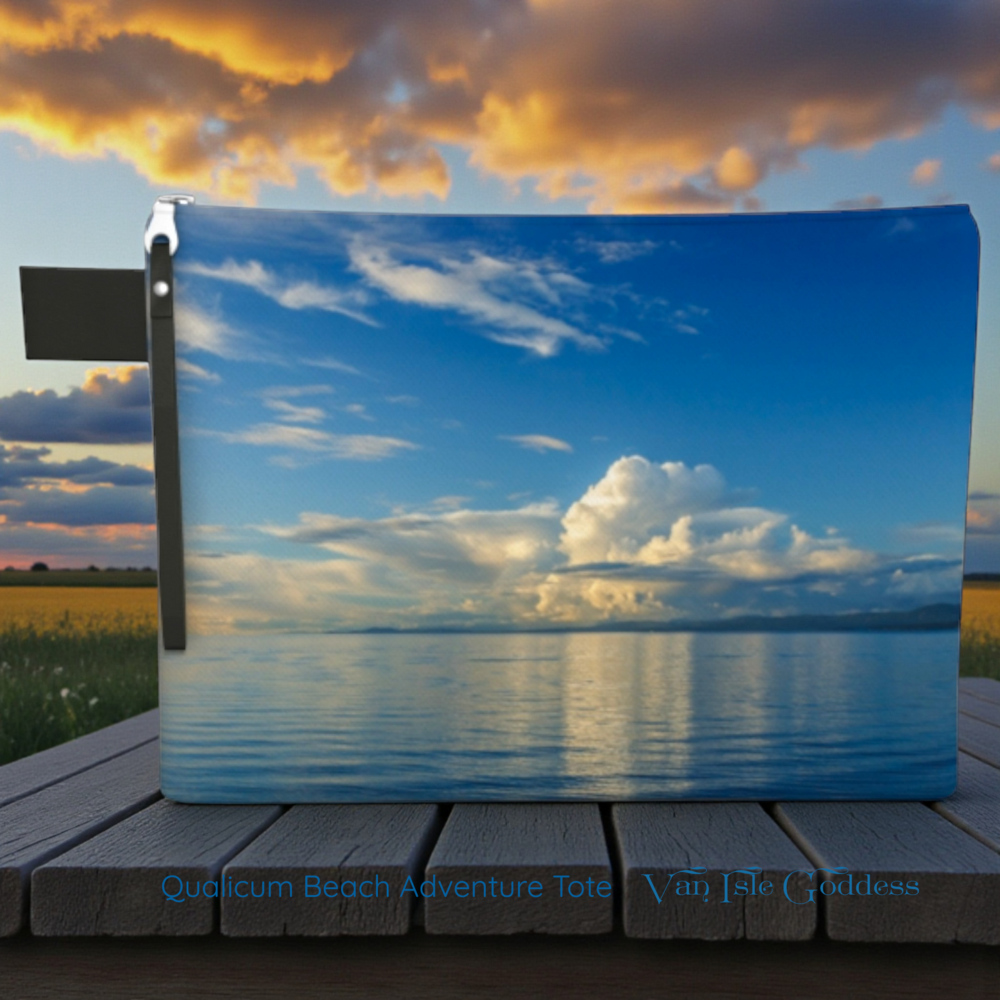 Qualicum Beach adventure tote on a picnic table with the sunset.