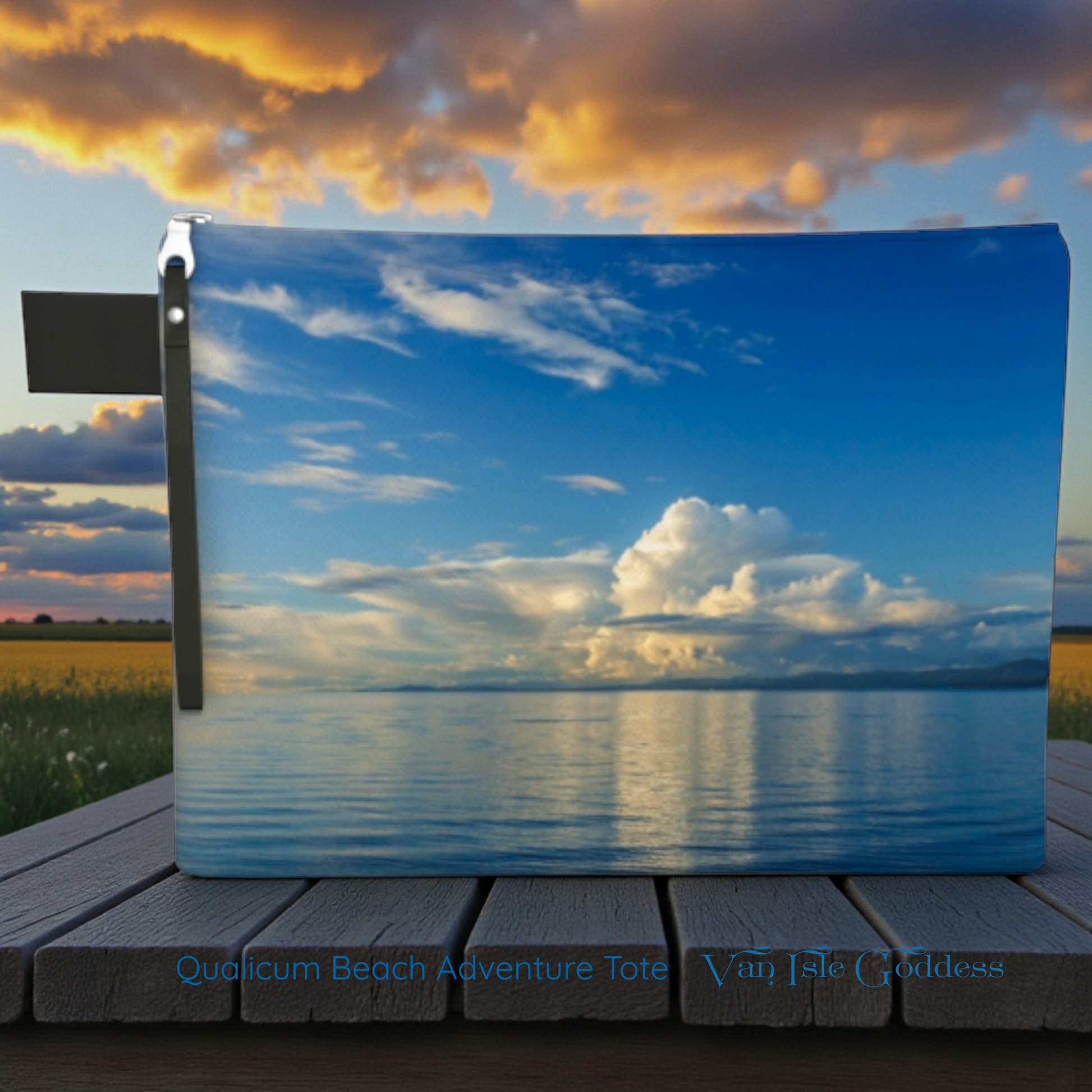 Qualicum Beach adventure tote on a picnic table with the sunset.