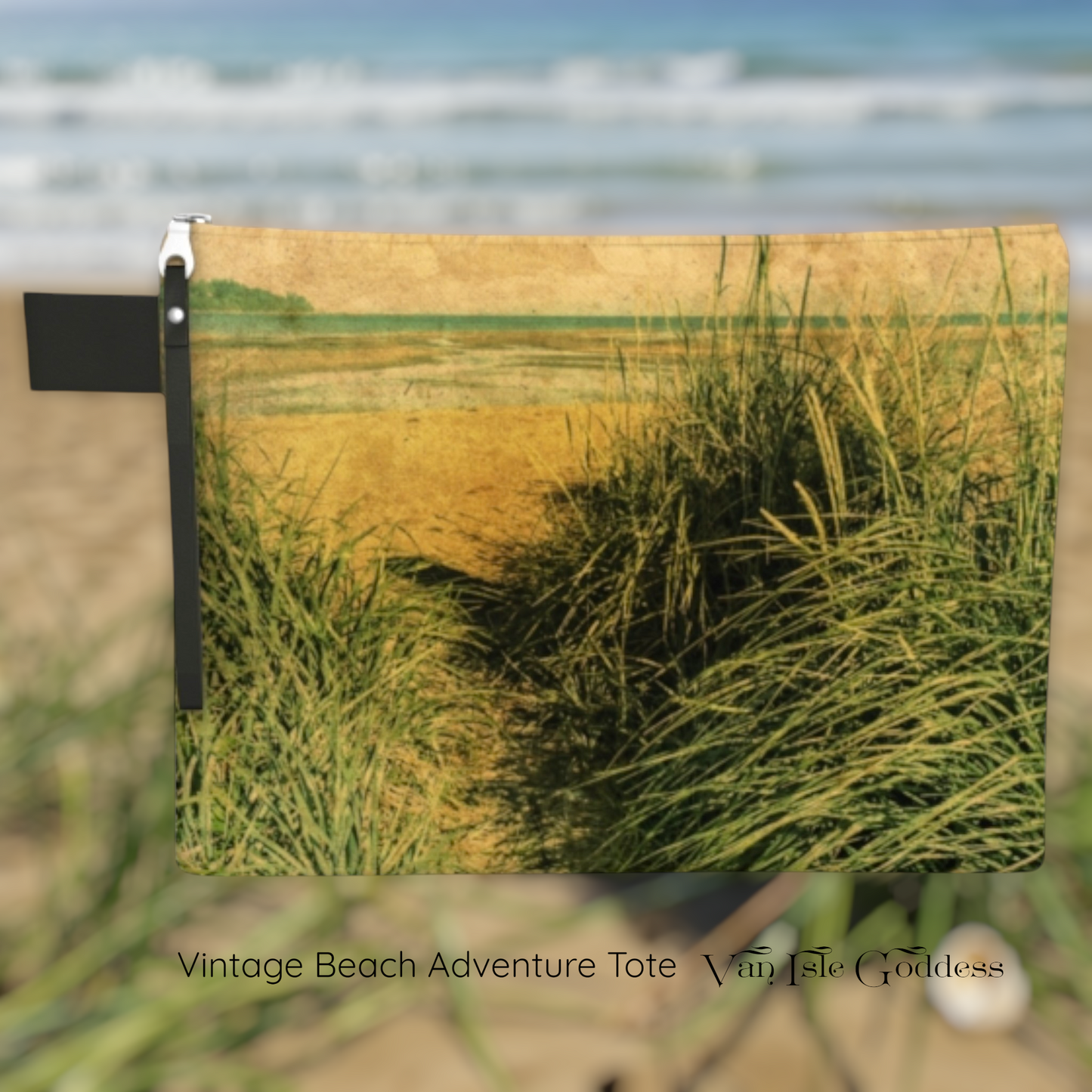 Vintage Beach Adventure Tote with grass and sand design, brand 'Van Isle Goddess' visible.
