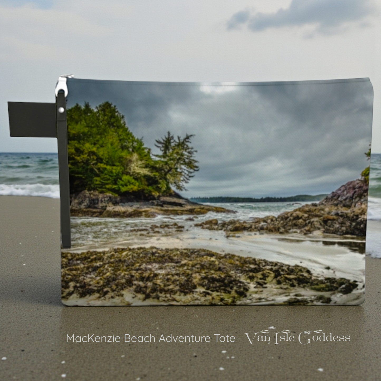 Beach scene with ocean waves and rocky shore, featuring 'MacKenzie Beach Adventure Tote' by Isle Goddess.
