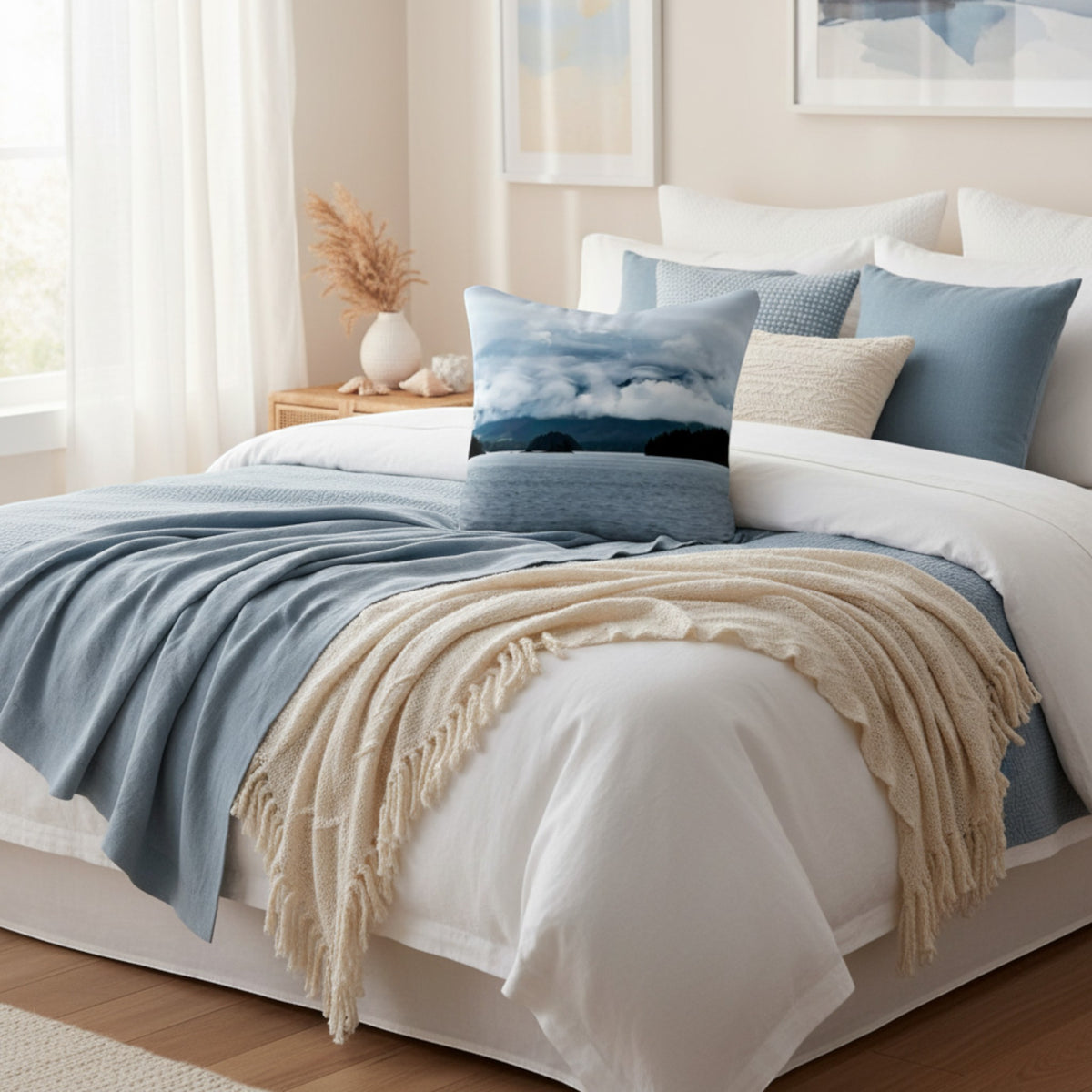 A neatly made bed in a bright bedroom setting, styled with white bedding, a light blue throw blanket, a cream fringed throw, and several pillows including a blue cloud-patterned accent pillow.