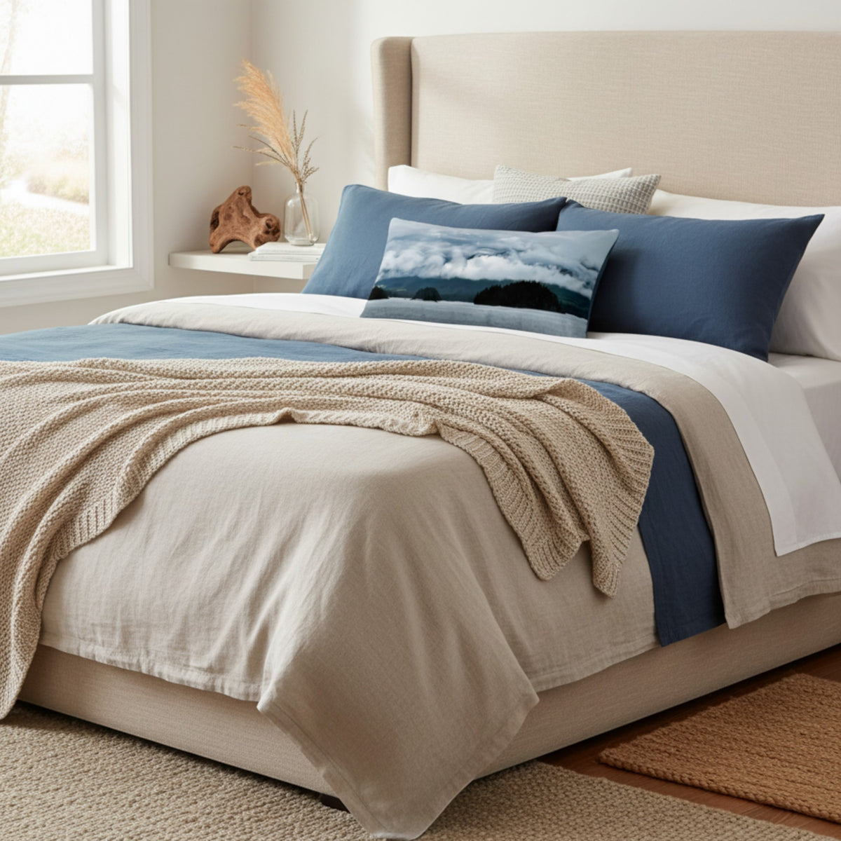 Bedroom with a variety of pillows on it.