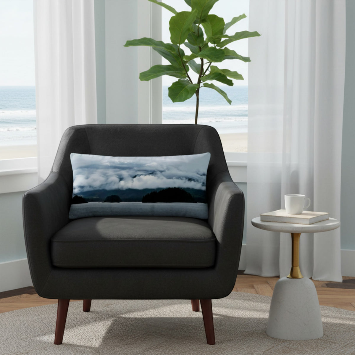 Chair in the corner of a living room with  windows, a plant and a decorative pillow.
