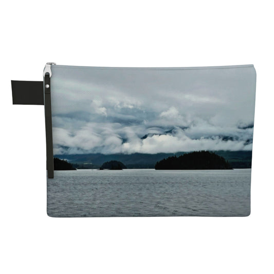 Tote bag with a image of the Alberni Inlet on a white background.