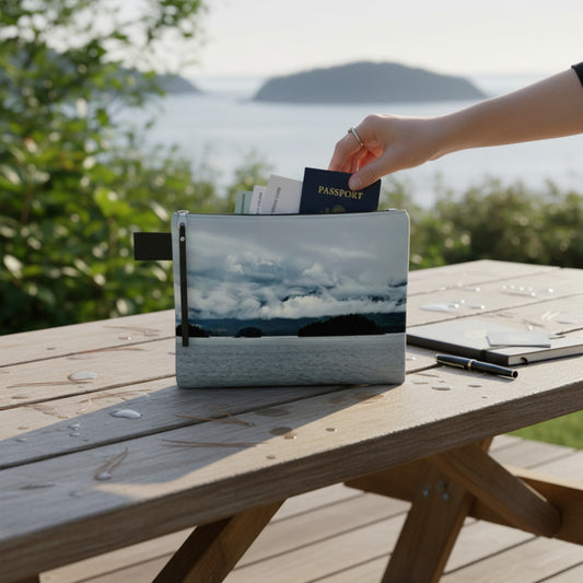 Person reaching for a passport from a pouch on a wooden table with a scenic background