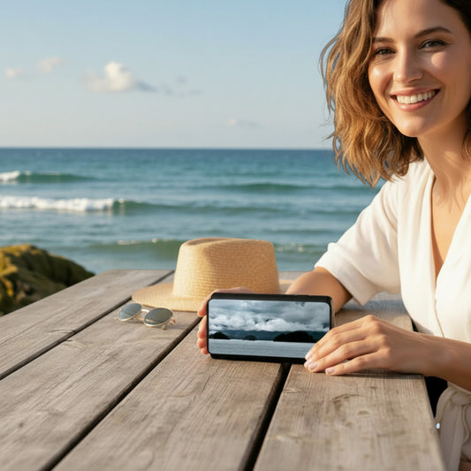 Woman using a wallet at a wooden table by the ocean