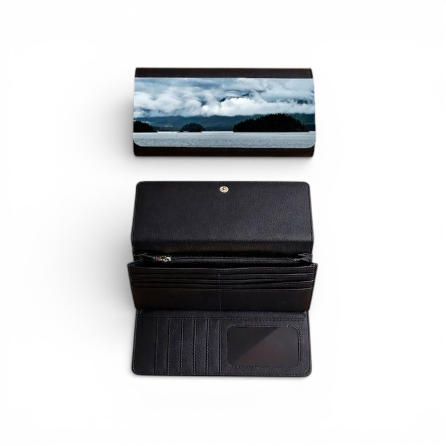Black wallet with a scenic print on a white background