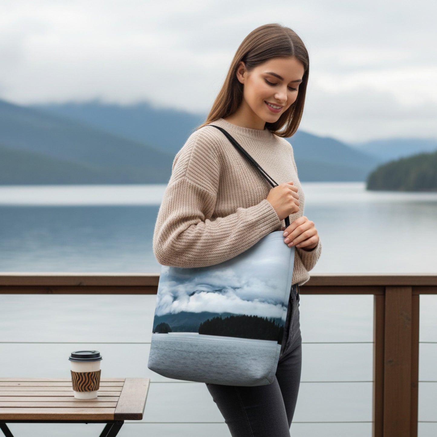 Alberni Inlet Neoprene Day Tote: Scenic Coastal Landscape Print Bag