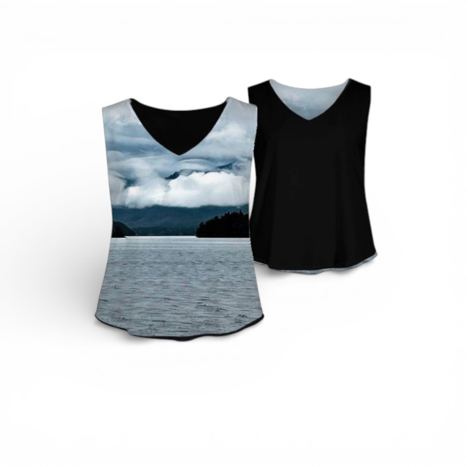 Two tank tops, one with a nature print and one black, on a white background
