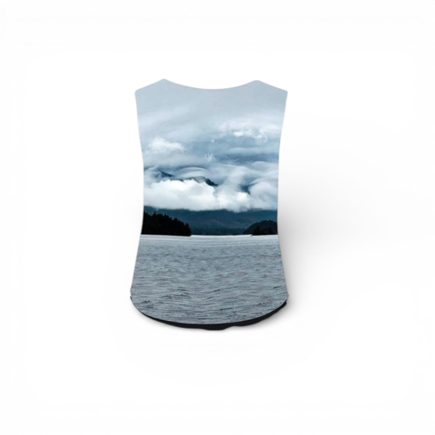 Sleeveless top with a scenic print of a lake and mountains on a white background