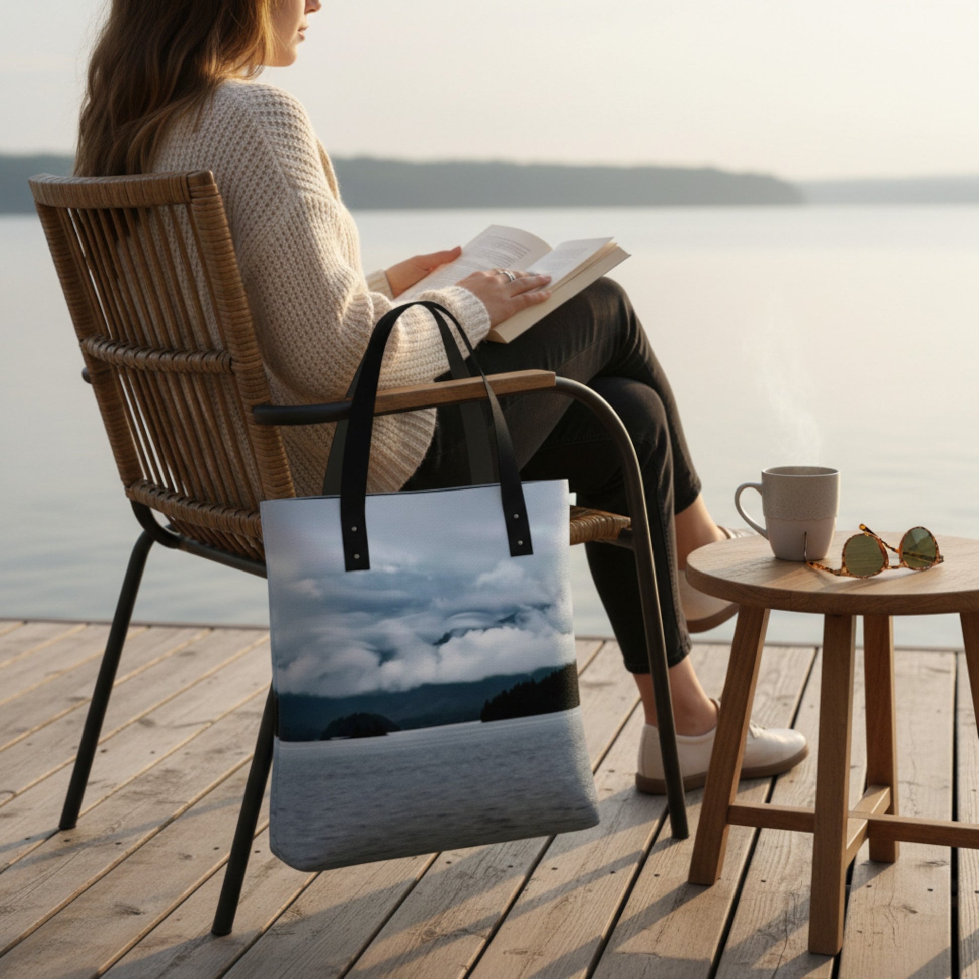 Woman reading a book by a lake with a tote bag featuring a scenic design.