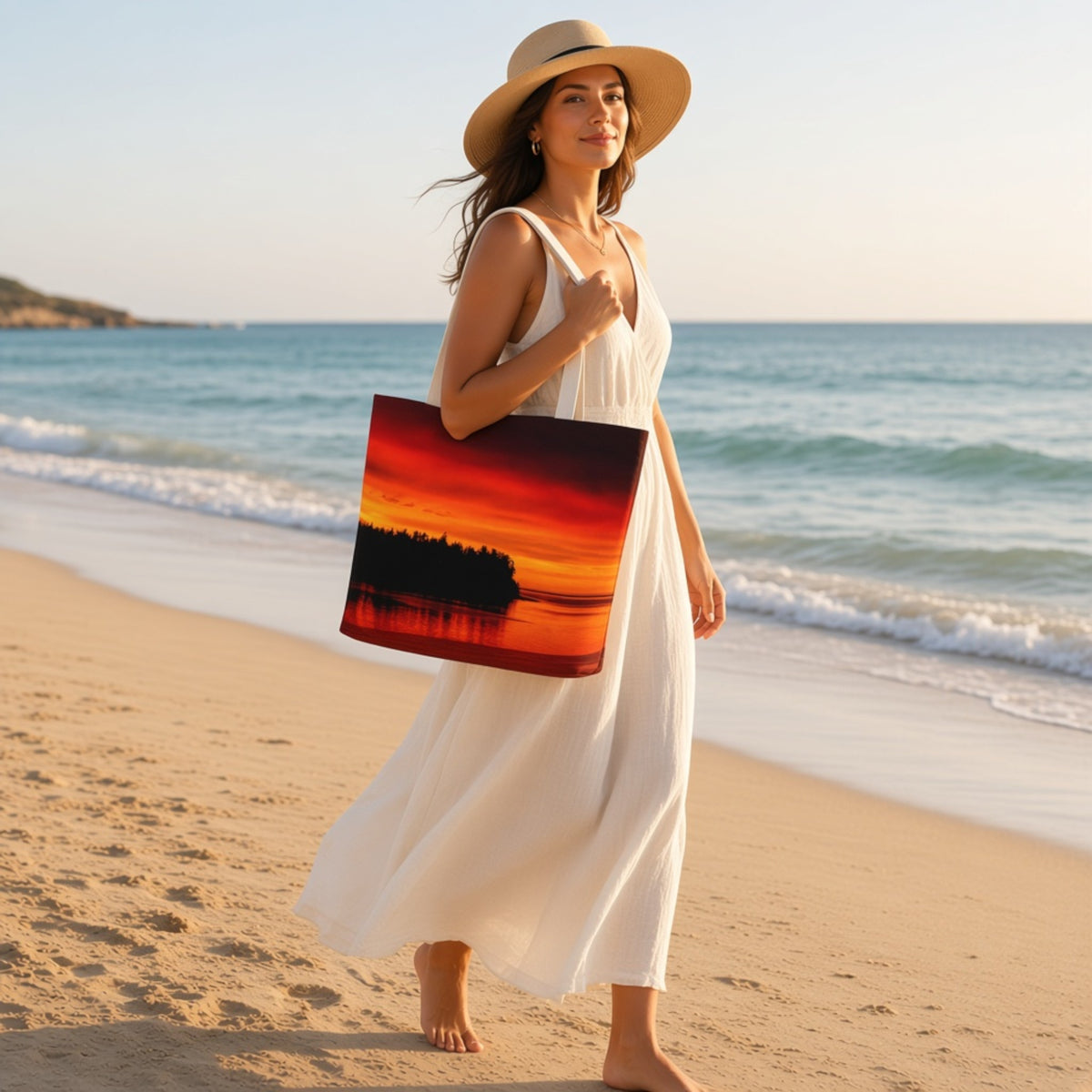 A woman in a white maxi dress and straw hat walks barefoot on a sandy beach, carrying a large tote bag printed with a vivid sunset landscape over water.