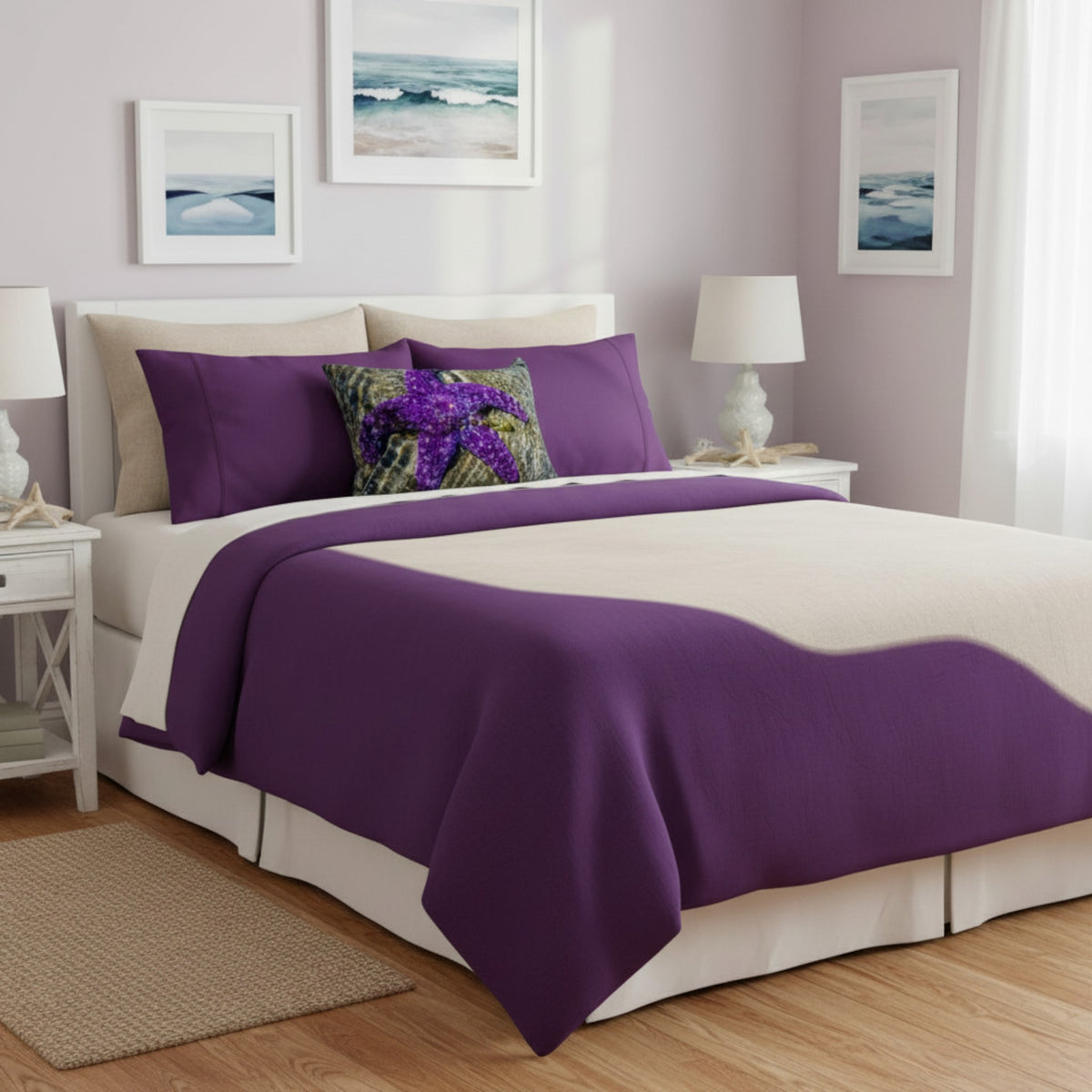 Bedroom with a purple starfish pillow.