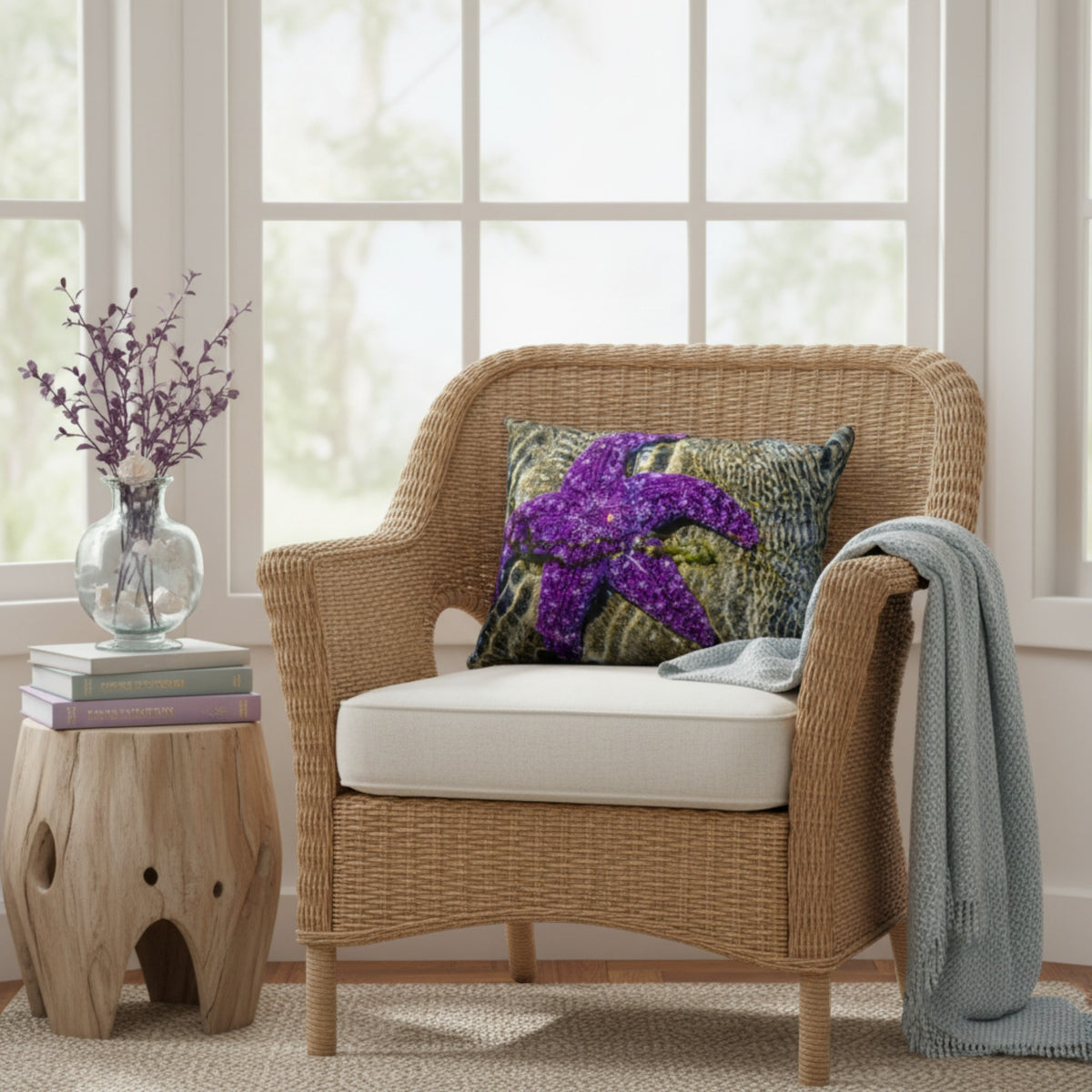 Pillow with a starfish on it set on a rattan chair in front of window.