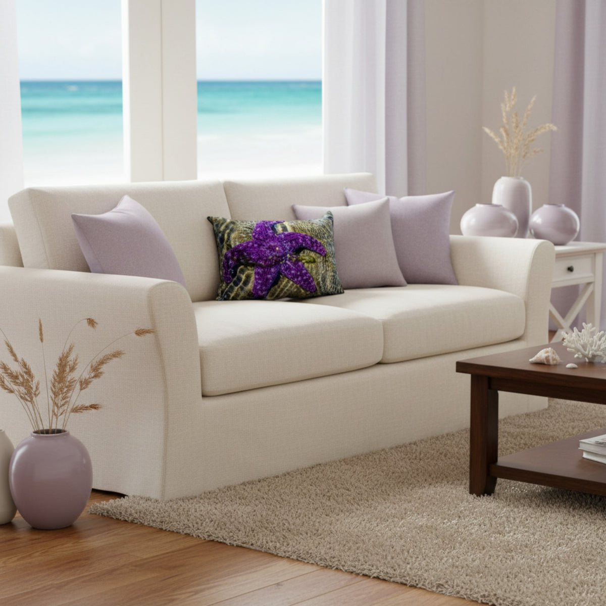 Starfish pillow on a sofa with a ocean view.