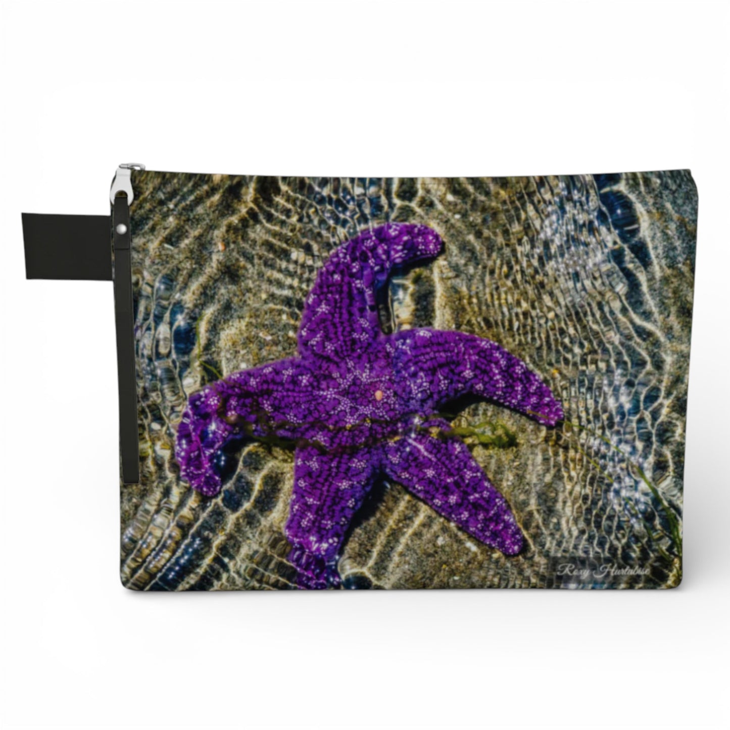 Pouch with a purple starfish design on a textured background