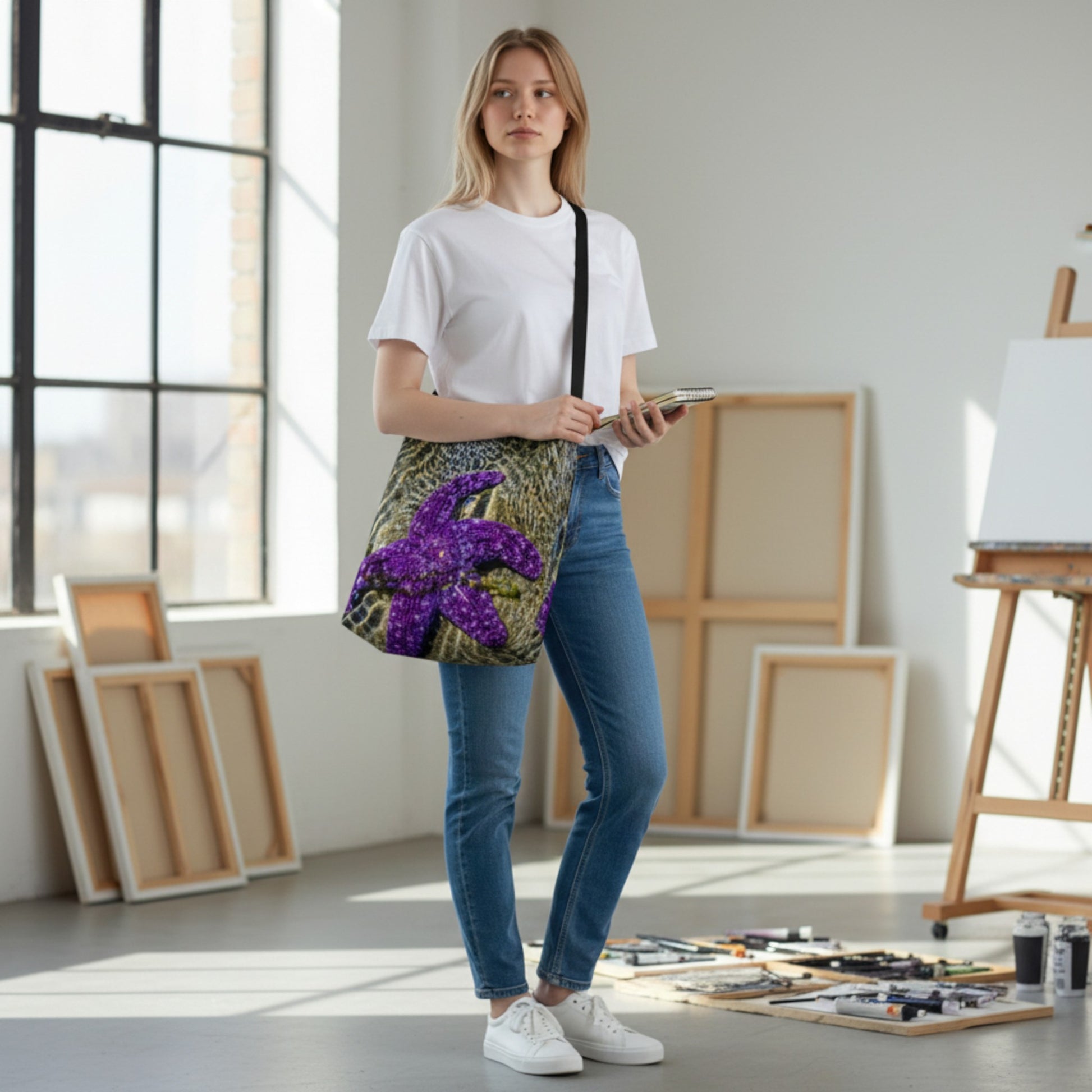 Woman holding a starfish bag in an art studio.