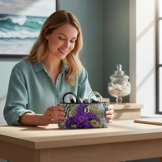 A woman in a light blue shirt smiles while holding a small zip pouch with a purple starfish design and a blue-green patterned background, set in a bright, modern room with a wooden table.