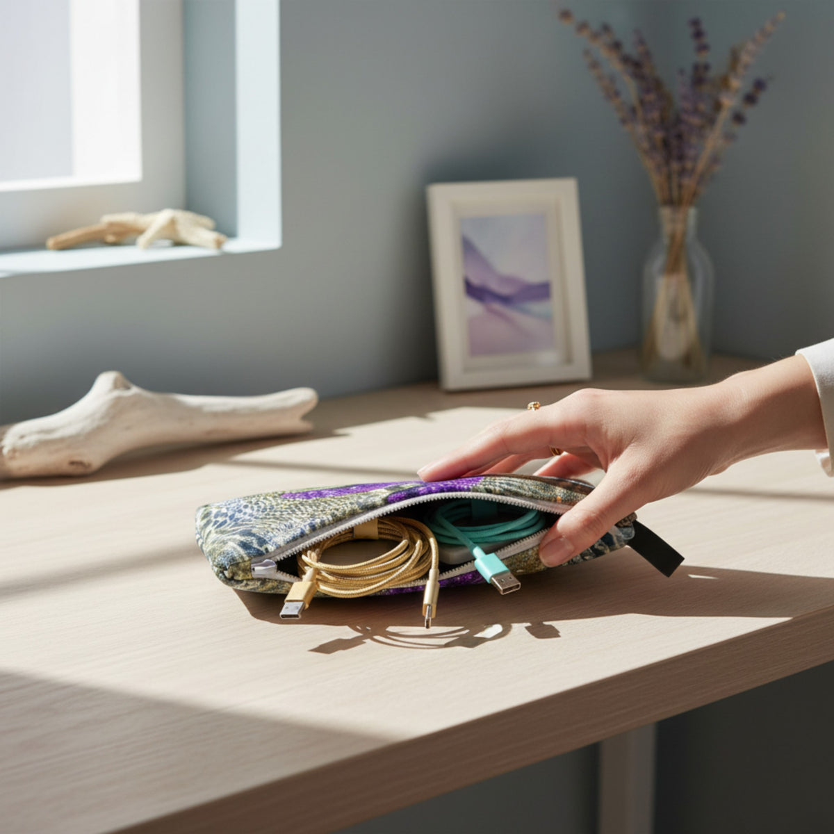 A hand places a patterned fabric zip pouch containing gold and teal cables onto a light wood desk in a sunlit room with a window, driftwood, and a framed picture in the background.