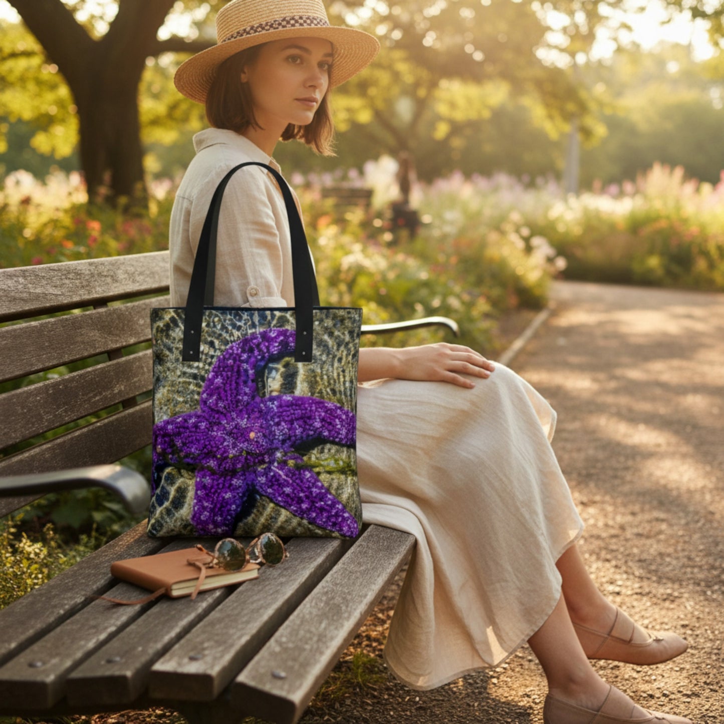 Woman sitting on a bench in a park with a tote bag featuring a purple starfish design.
