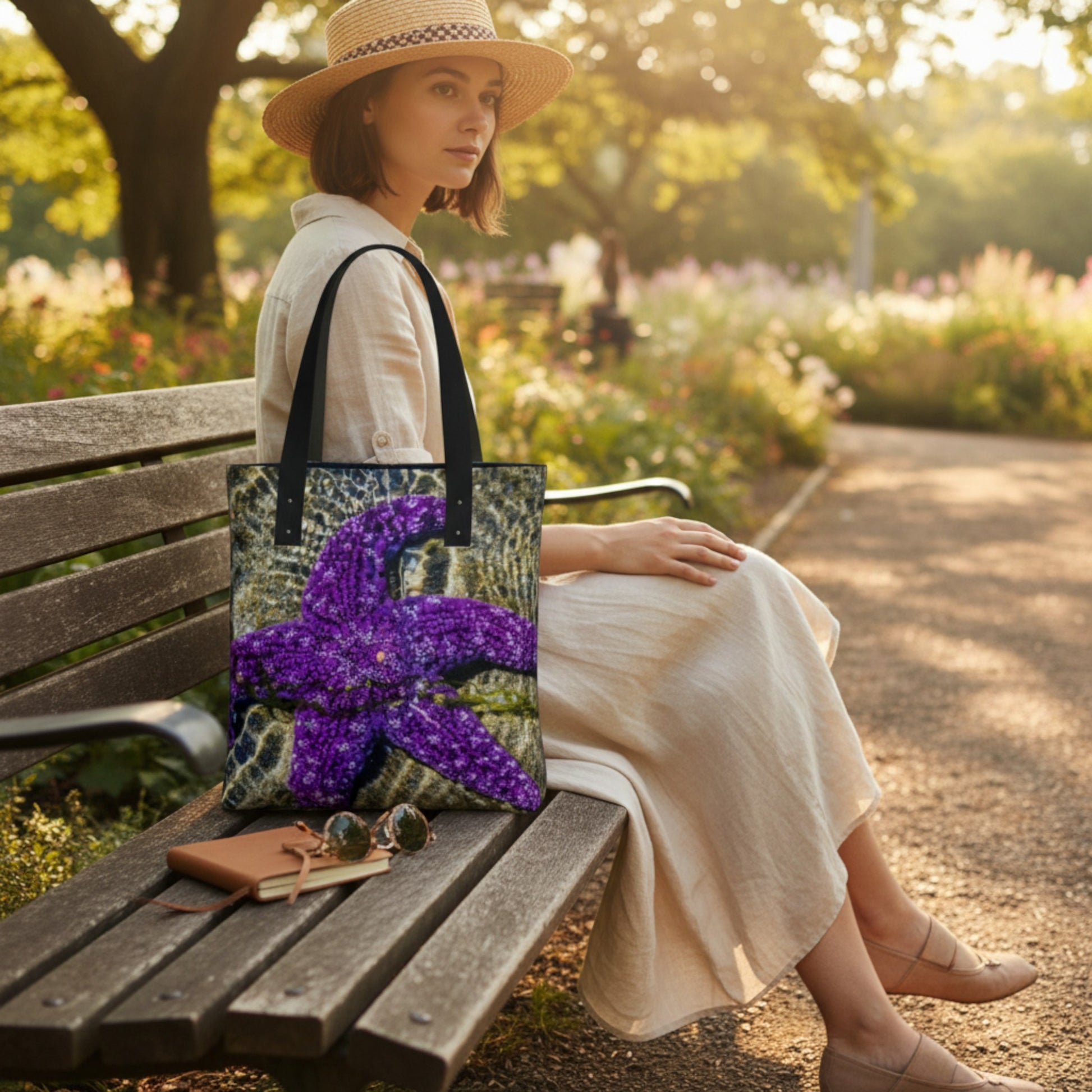 Woman sitting on a bench in a park with a tote bag featuring a purple starfish design.