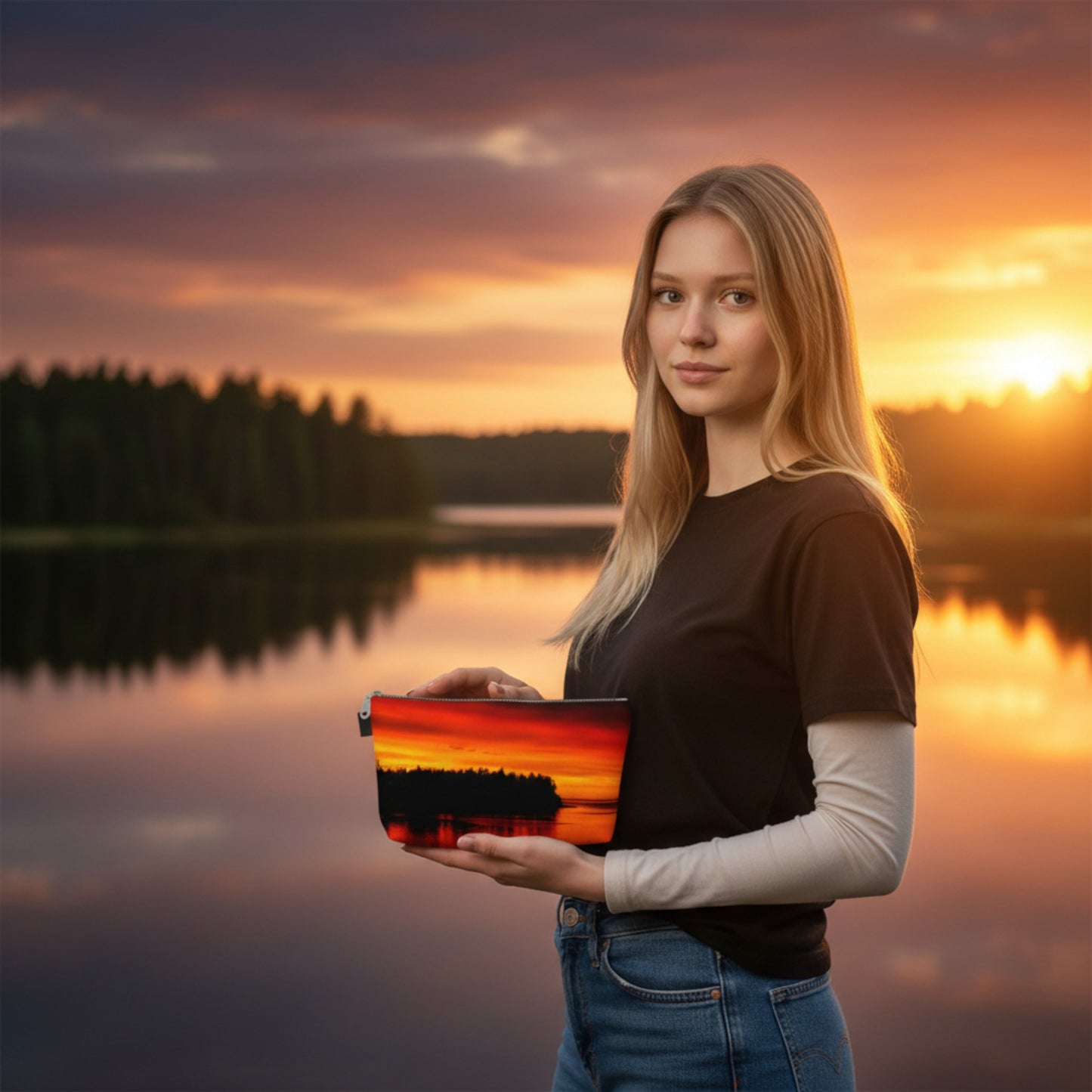 Amazing Sunset Parksville Beach Makeup Travel Bag: Captivating Coastal Cosmetic Case