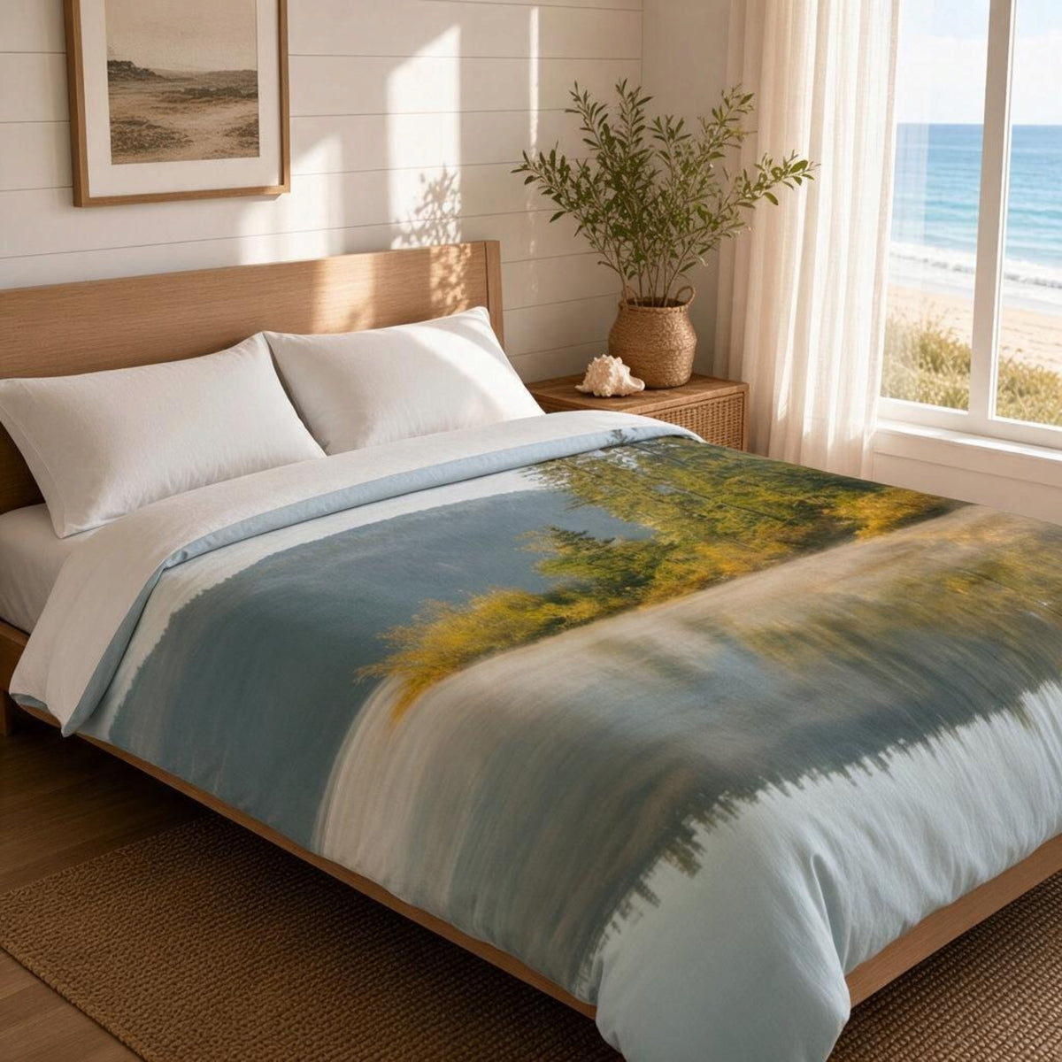A bed dressed in a printed duvet cover featuring an abstract landscape scene with blue, gray, white, and yellow-green tones, styled in a bright beach-themed bedroom with a wooden headboard, white pillows, a side table, and a window overlooking the ocean.