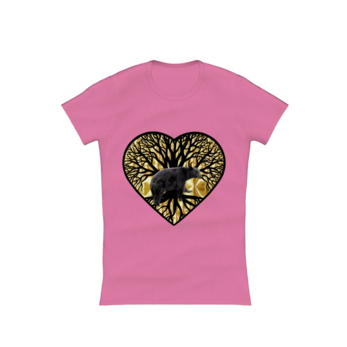Bear Heart Comfort Slim Fit T-Shirt. The image on the front of the shirt is a heart with a tree of life and a bear and gold background. by van isle goddess dot com