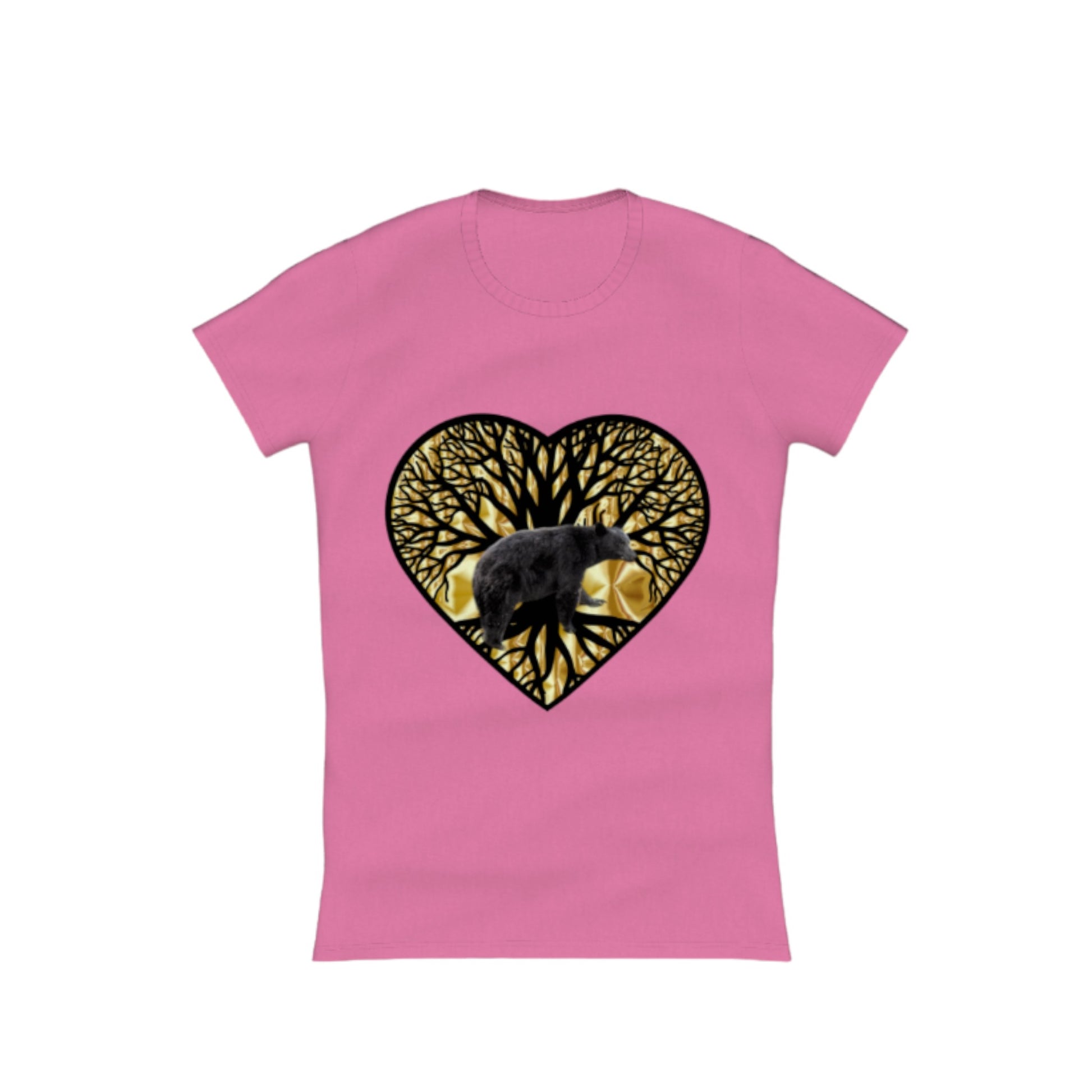 Bear Heart Comfort Slim Fit T-Shirt. The image on the front of the shirt is a heart with a tree of life and a bear and gold background. by van isle goddess dot com