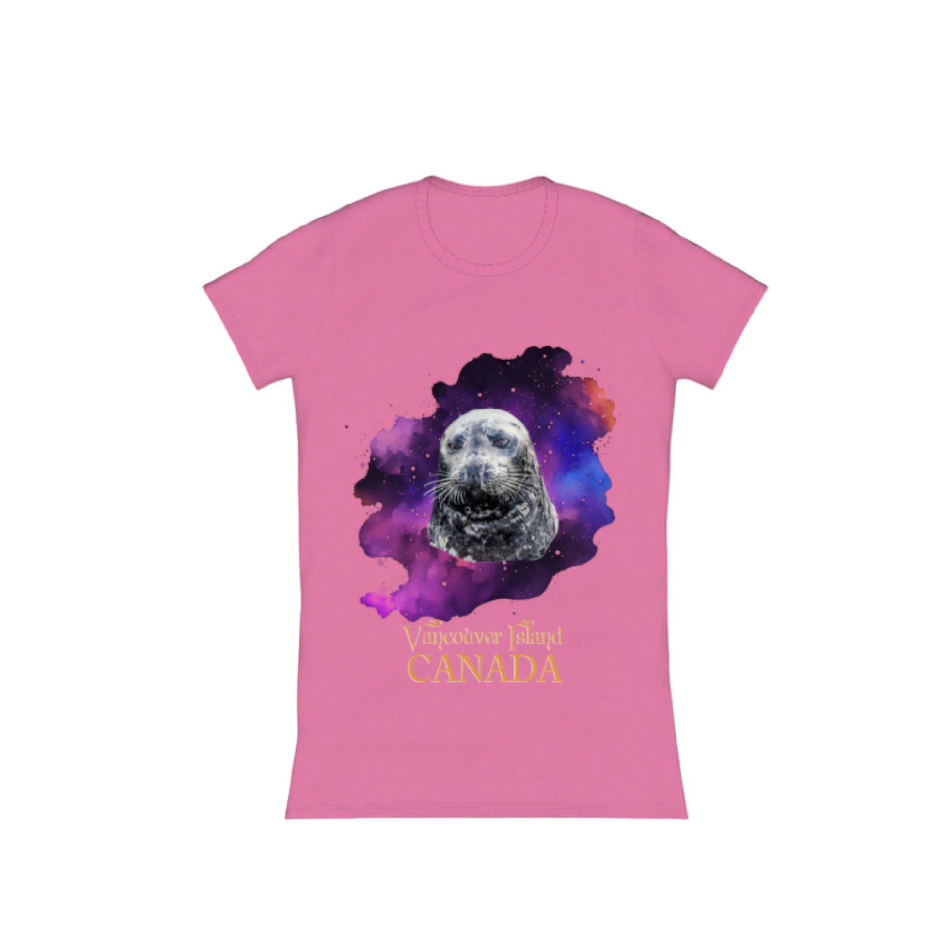 I Love Lucy Vancouver Island Canada Comfort Slim Fit T-Shirt. The image is of a harbour seal with a colorful blue, purple abstract background.  by vanislegoddess.com