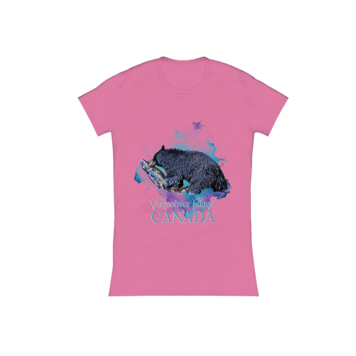 Salmon Bear Vancouver Island Canada Comfort Slim Fit T-shirt  The image is of a bear with a fresh caught salmon in its mouth with a ocean blue abstract background.