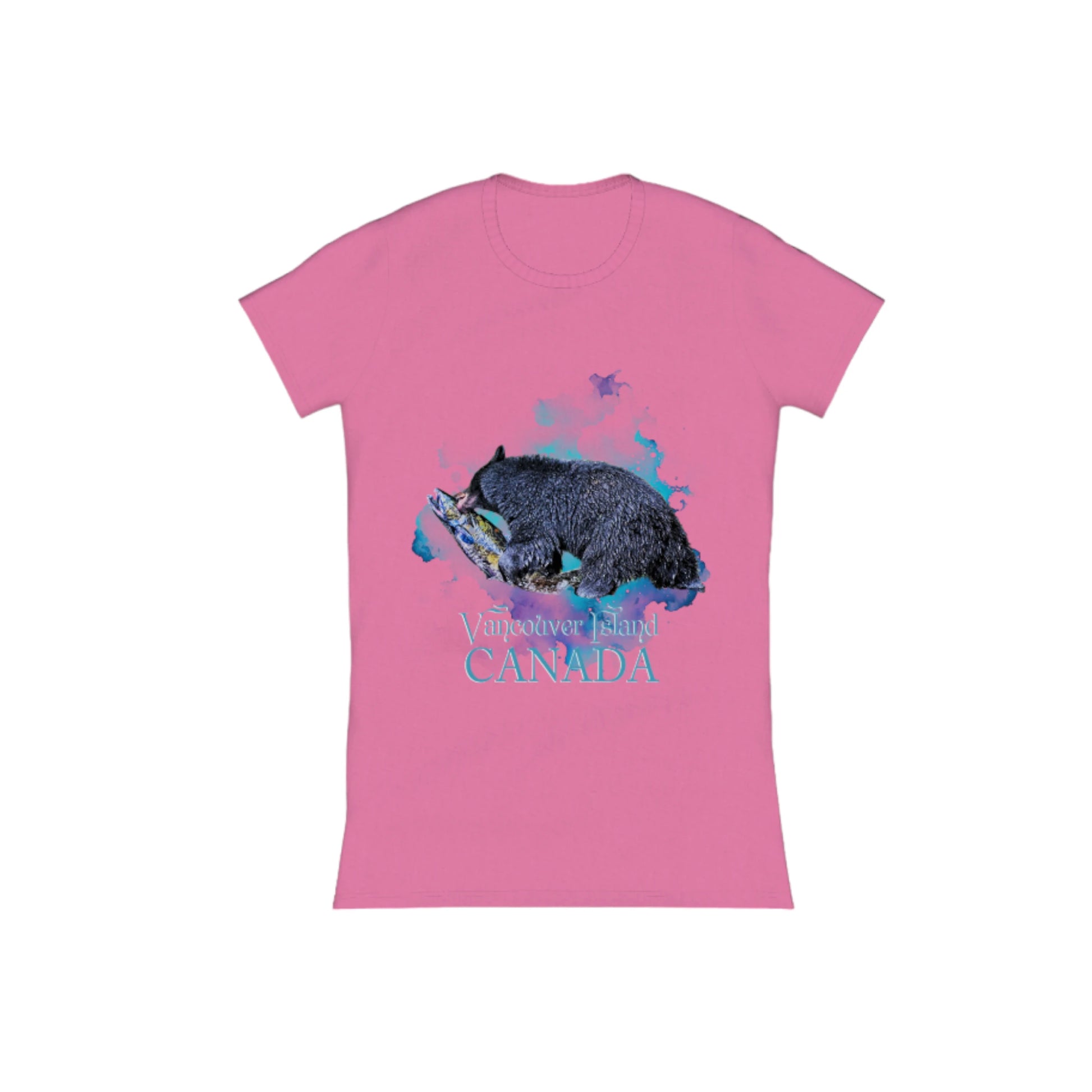 Salmon Bear Vancouver Island Canada Comfort Slim Fit T-shirt  The image is of a bear with a fresh caught salmon in its mouth with a ocean blue abstract background.